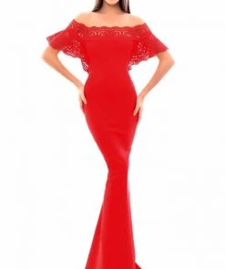 Formal Gowns Tarik Ediz - 50347 Laser-Cut Batwing Sleeve Off Shoulder Mermaid Gown