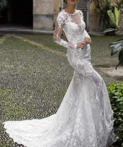 Tarik Ediz - 50409 Sheer Long Sleeve Jewel Neck Mermaid Dress Formal Gowns