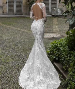 Tarik Ediz - 50409 Sheer Long Sleeve Jewel Neck Mermaid Dress Formal Gowns