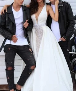 Tarik Ediz - 50431 Embroidered Deep V-neck Dress With Overskirt