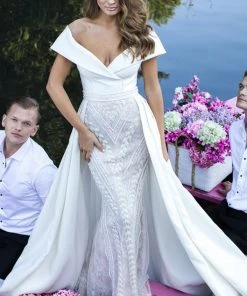 Tarik Ediz - 50437 Embroidered Plunging Off-Shoulder Trumpet Dress Formal Gowns