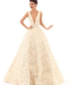 Formal Gowns Tarik Ediz - 50457 Embroidered Deep V-neck Ballgown