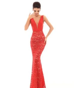 Tarik Ediz - 50468 Plunging V-Neck Gown With Detachable Overskirt Formal Gowns