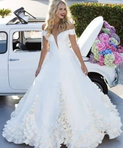 Tarik Ediz - 50472 Plunging Off-Shoulder Taffeta Ruffled Ballgown Formal Gowns