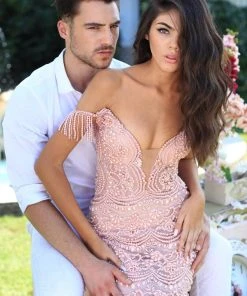 Tarik Ediz - 50477 Embellished Plunging Off-Shoulder Trumpet Dress Formal Gowns