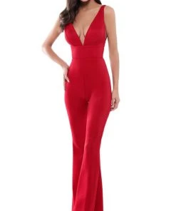 Tarik Ediz - 50482 Plunging V-Neck Open Back Jumpsuit