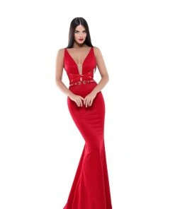 Formal Gowns Tarik Ediz - 50484 Crisscross-Belt Ornate Plunging Mermaid Gown