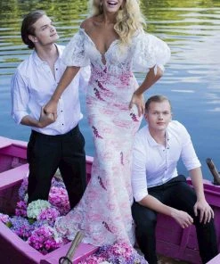 Tarik Ediz - 50497 Floral Lace Plunging Off-Shoulder Dress