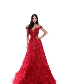 Formal Gowns Tarik Ediz - 50500 Floral Lace Appliqued A-Line Prom Gown