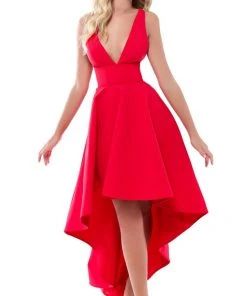 Plus Size Dresses Tarik Ediz - 50523 Plunging V-Neck Strappy High Low Gown