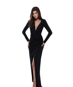 Tarik Ediz - 50529 Long Sleeve Draped Surplice Jersey Gown