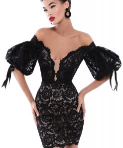 Tarik Ediz - 50533 Puffed Sleeve Off Shoulder Lace Sheath Dress Cocktail Dresses