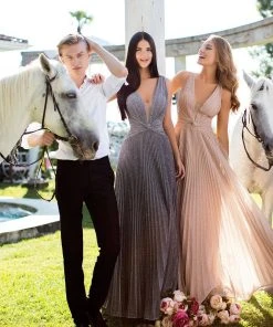 Tarik Ediz - 50548 Plunging V-Neck Electric Pleated Gown Formal Gowns