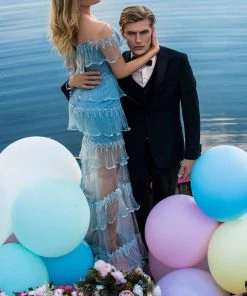 Formal Gowns Tarik Ediz - 50625 Cold Shoulders Tiered Ruffle Sheer Tulle Dress