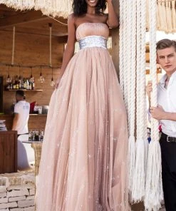 Formal Gowns Tarik Ediz - 50637 Sequin Banded Midriff Hologram Tulle Strapless Gown