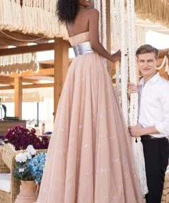 Formal Gowns Tarik Ediz - 50637 Sequin Banded Midriff Hologram Tulle Strapless Gown