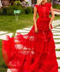 Tarik Ediz - 50658 Cap Sleeve Ruffle-Trimmed Tiered A-Line Gown