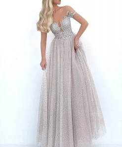 Formal Gowns Tarik Ediz - 50662 Beaded Illusion Plunge Stone-Studded Tulle Gown
