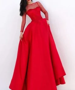 Formal Gowns Tarik Ediz - 50679 Net Long Sleeve Pleated Ballgown