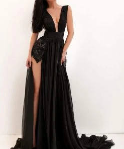 Tarik Ediz - 50690 Deep V-neck Applique Sheath Dress