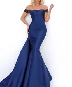 Formal Gowns Tarik Ediz - 50704 Embellished Off-Shoulder Mermaid Dress With Train