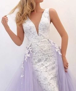 Tarik Ediz - 50732 Embellished Deep V-neck Dress With Overskirt Formal Gowns 10 Tarik Ediz - 50732 Embellished Deep V-neck Dress With Overskirt Formal Gowns