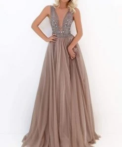 Tarik Ediz - 50740 Sexy V-Neck Bejeweled A-Line Dress