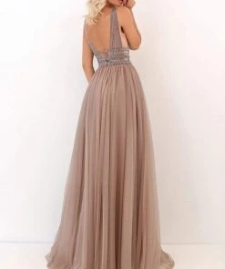 Tarik Ediz - 50740 Sexy V-Neck Bejeweled A-Line Dress