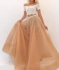 Tarik Ediz - 50743 Off Shoulder Lace Peal Beaded Two-Piece Prom Dress Formal Gowns