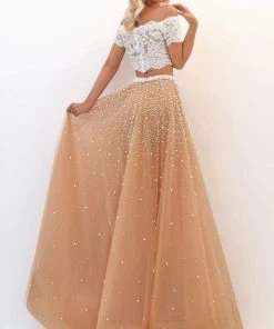 Tarik Ediz - 50743 Off Shoulder Lace Peal Beaded Two-Piece Prom Dress Formal Gowns