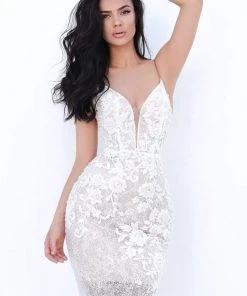 Formal Gowns Tarik Ediz - 50750 Lace Embroidered Deep V-neck Sheath Dress