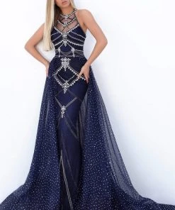 Tarik Ediz - 50753 Crystal Embellished Halter Dress With Overskirt