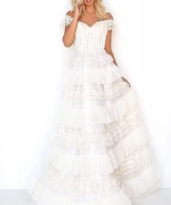 Formal Gowns Tarik Ediz - 50762 Embroidered Off-Shoulder Ruffled A-line Dress
