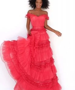Formal Gowns Tarik Ediz - 50762 Embroidered Off-Shoulder Ruffled A-line Dress