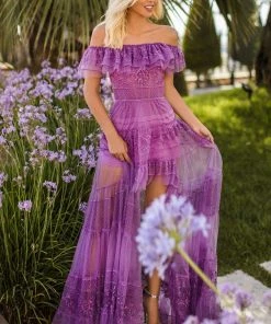 Tarik Ediz - 50777 Ruffle Off Shoulder Sheer High-Low Dress