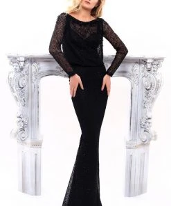 Tarik Ediz - 93312 Sheer Blouson Long Sleeve Beaded Gown Formal Gowns