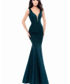 Tarik Ediz - 93331 Embellished Deep V-neck Mermaid Dress