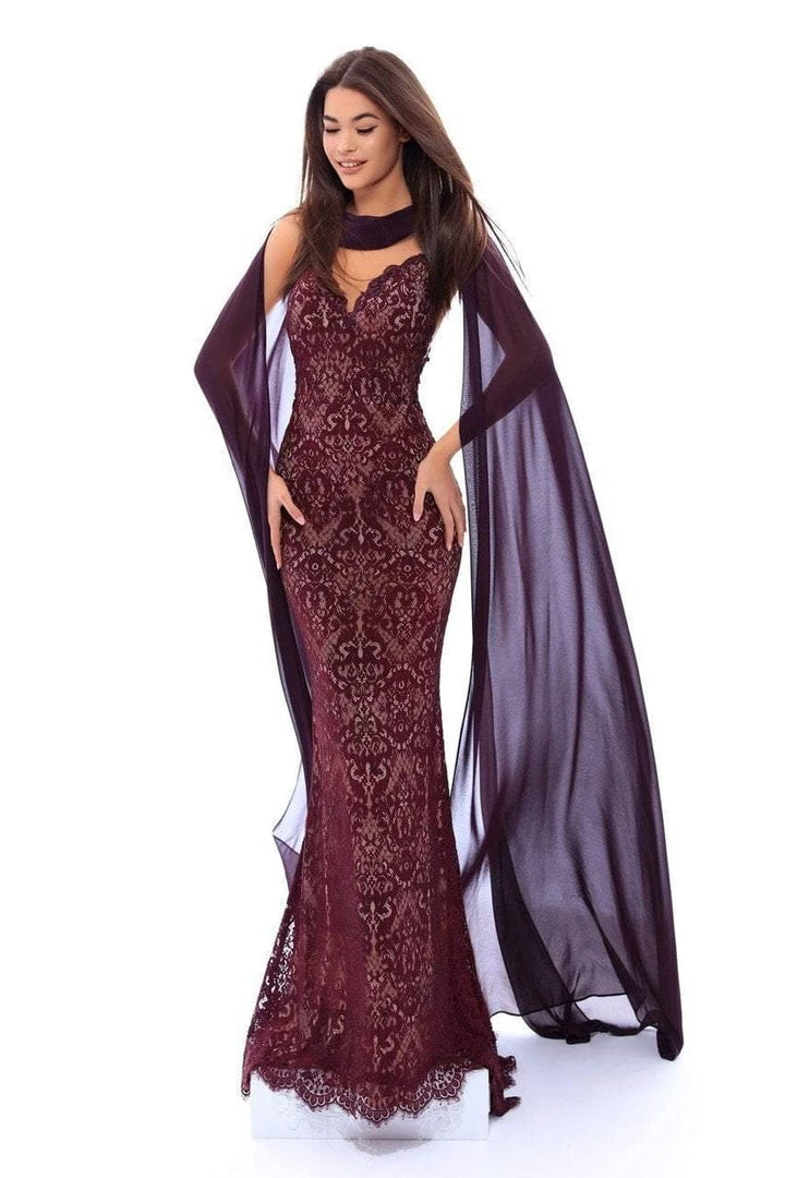 Formal Gowns Tarik Ediz - 93435 Lace V-neck Sheath Dress With Shawl 3 Formal Gowns Tarik Ediz - 93435 Lace V-neck Sheath Dress With Shawl