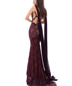 Formal Gowns Tarik Ediz - 93435 Lace V-neck Sheath Dress With Shawl 6 Formal Gowns Tarik Ediz - 93435 Lace V-neck Sheath Dress With Shawl