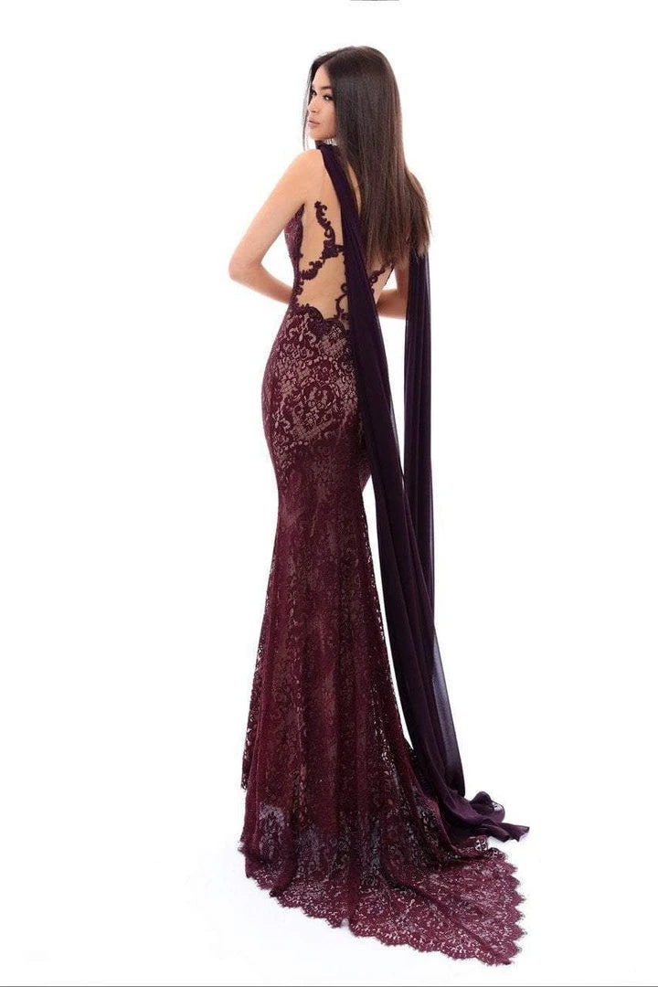Formal Gowns Tarik Ediz - 93435 Lace V-neck Sheath Dress With Shawl 4 Formal Gowns Tarik Ediz - 93435 Lace V-neck Sheath Dress With Shawl
