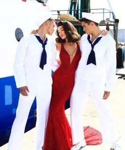 Tarik Ediz - 93455 Lace Deep V-neck Jersey Sheath Dress Formal Gowns