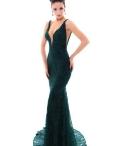 Tarik Ediz - 93455 Lace Deep V-neck Jersey Sheath Dress Formal Gowns
