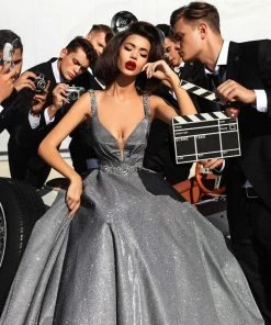 Formal Gowns Tarik Ediz - 93479 Crystal Embellished Plunging Glitter Ballgown