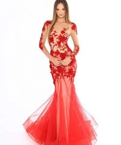 Tarik Ediz - 93601 Floral Embroidered Sheer Long Sleeve Mermaid Dress Formal Gowns