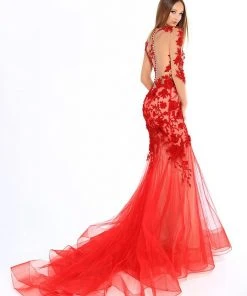 Tarik Ediz - 93601 Floral Embroidered Sheer Long Sleeve Mermaid Dress Formal Gowns