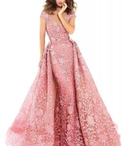 Tarik Ediz - 93613 Floral Lace Fitted Gown With Skirt Overlay