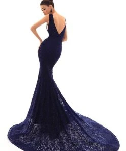 Tarik Ediz - 93620 Sleeveless V Neck Lace Mermaid Gown Formal Gowns