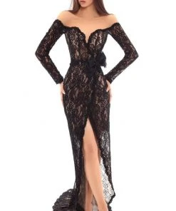Tarik Ediz - 93625 Long Sleeve Illusion Lace Surplice Evening Dress Formal Gowns