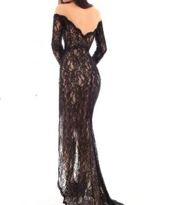 Tarik Ediz - 93625 Long Sleeve Illusion Lace Surplice Evening Dress Formal Gowns