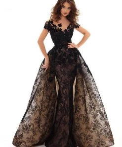 Formal Gowns Tarik Ediz - 93627 Lace Embroidered Dress With Detachable Train